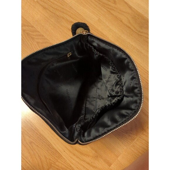 Vince Camuto Cosmetic Makeup Bag Black Velvet Gold Micro Studs Zip Pom Pom - Picture 8 of 11